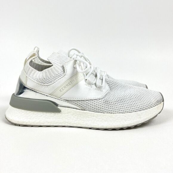 Kenneth Cole Lessia Knit Sock Sneakers Silver Mirrored Panel at Heel White Sz 8 - Picture 5 of 11